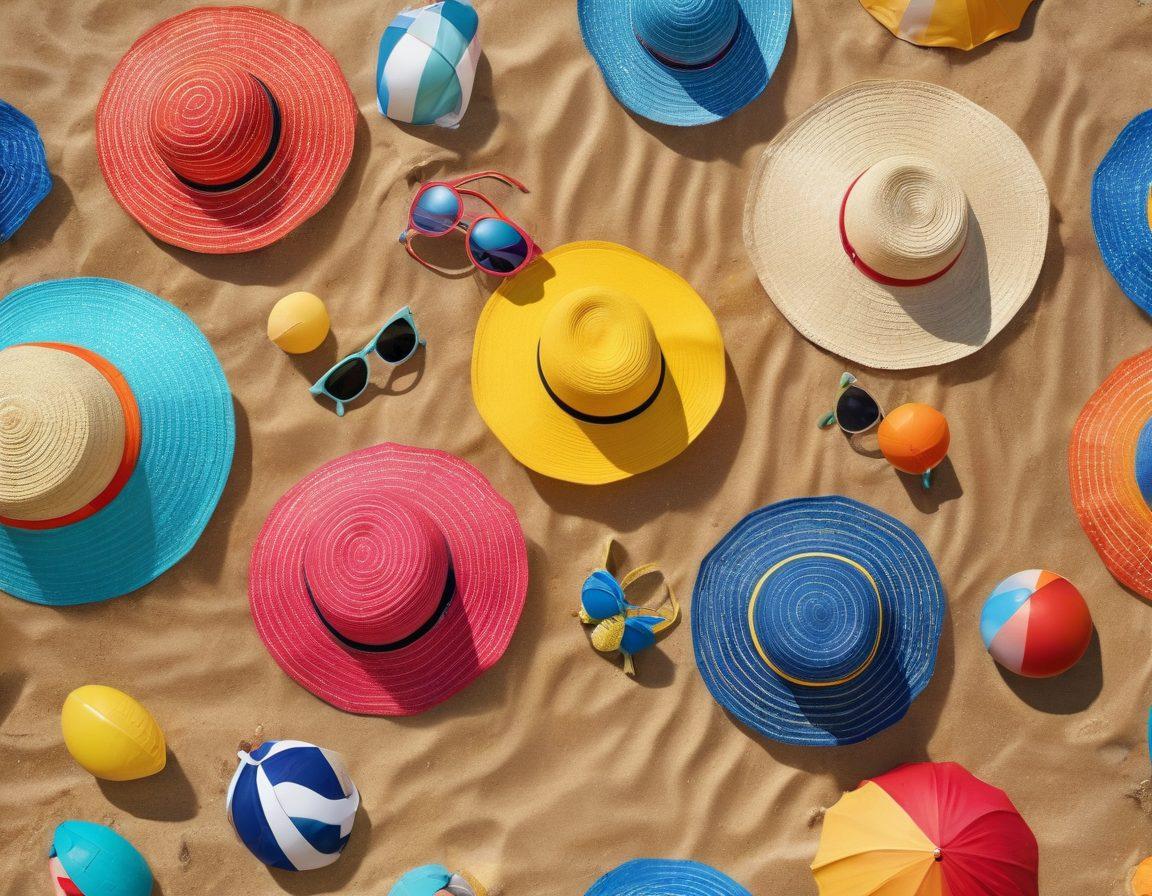 A diverse group of people of various body types joyfully trying on colorful swimwear in a bright beach setting. The scene should capture a festive atmosphere with beach accessories, like sun hats and sunglasses, as well as beach balls and umbrellas scattered around. Emphasize inclusivity and self-confidence, showcasing radiant smiles and playful poses. Super-realistic. Vibrant colors. Beach background.