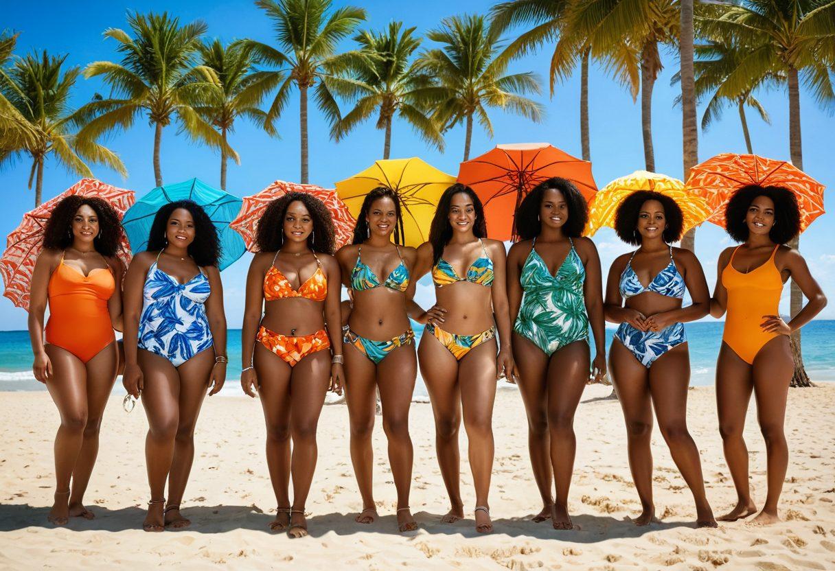 A sun-kissed beach scene featuring a diverse group of women of various body types confidently flaunting stylish summer swimwear. Lush palm trees and vibrant beach umbrellas form the backdrop, with golden sand and gentle waves kissing the shore. The scene captures the essence of empowerment and joy, with bright tropical colors dominating the palette. Emphasize flowing fabrics and eye-catching patterns in the swimwear. super-realistic. vibrant colors. summer vibe.